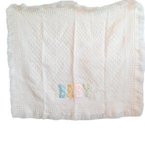 Bon Bebe Embroidered BABY Rattle Waffle Weave White Blanket Lovey 31" X 27"
